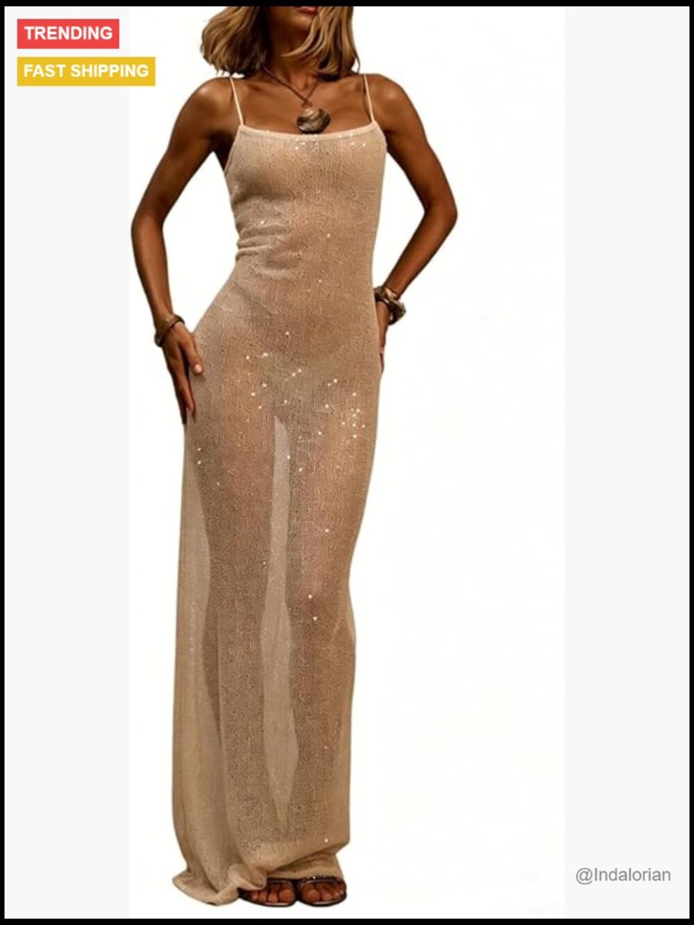Sequin Mesh Fishtail Long Dress Sleeveless Square Neck Cami Maxi Dress